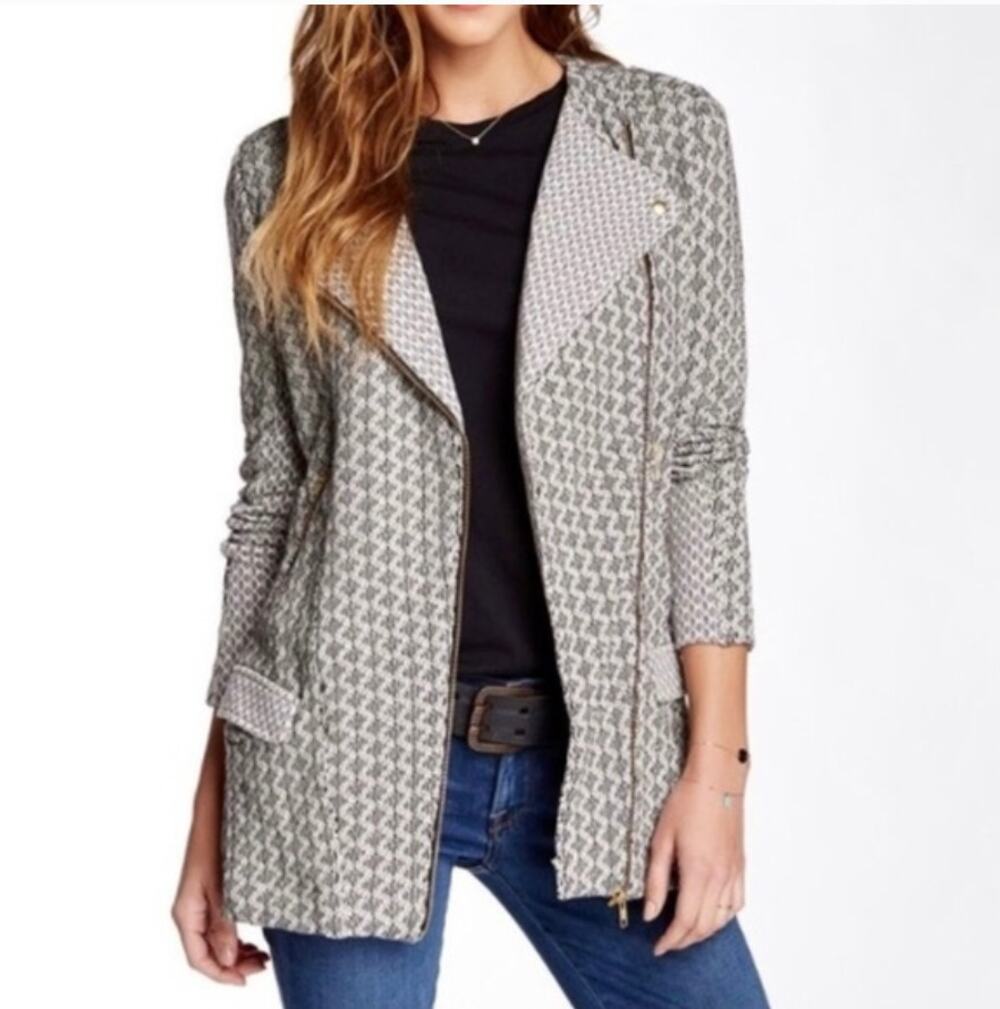 Lucky Lotus Zip Moto Cardigan Sweater Jacket S Black White Tunic Long Line